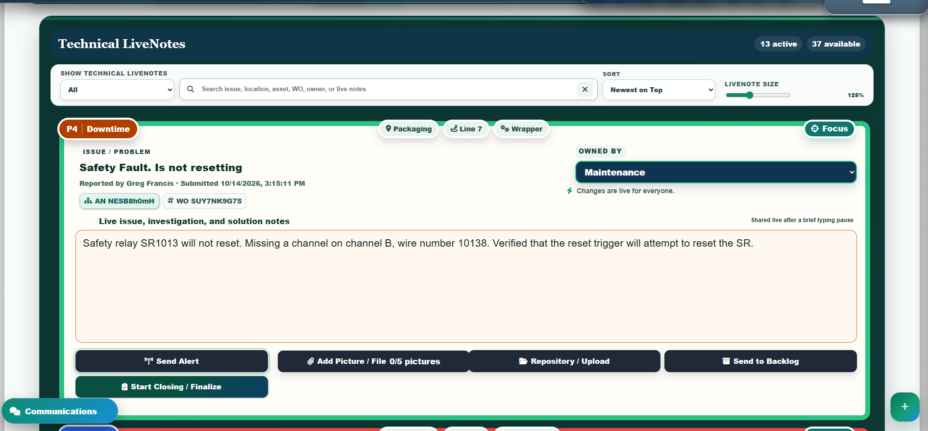 Actual Turnover Technical LiveNotes interface with fictional safety relay troubleshooting example