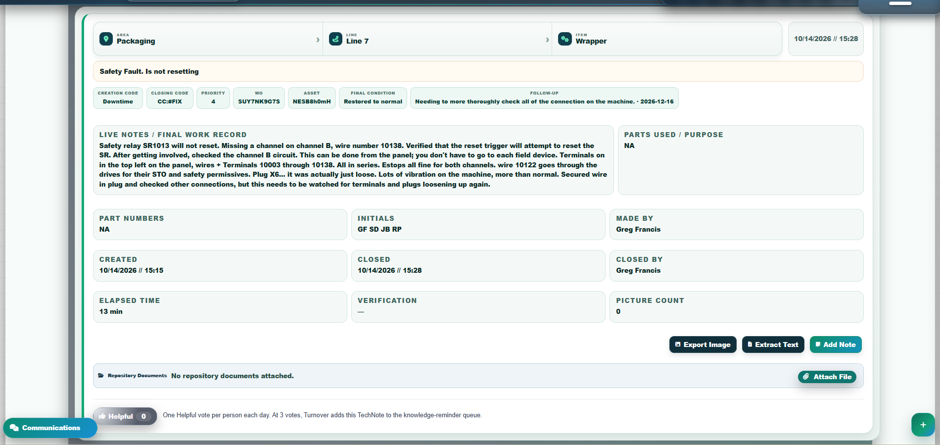 Actual Turnover TechNote interface with fictional example, after guided closure